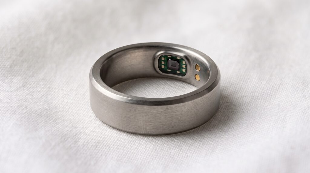 Close-up of an AI health ring showing sensor design