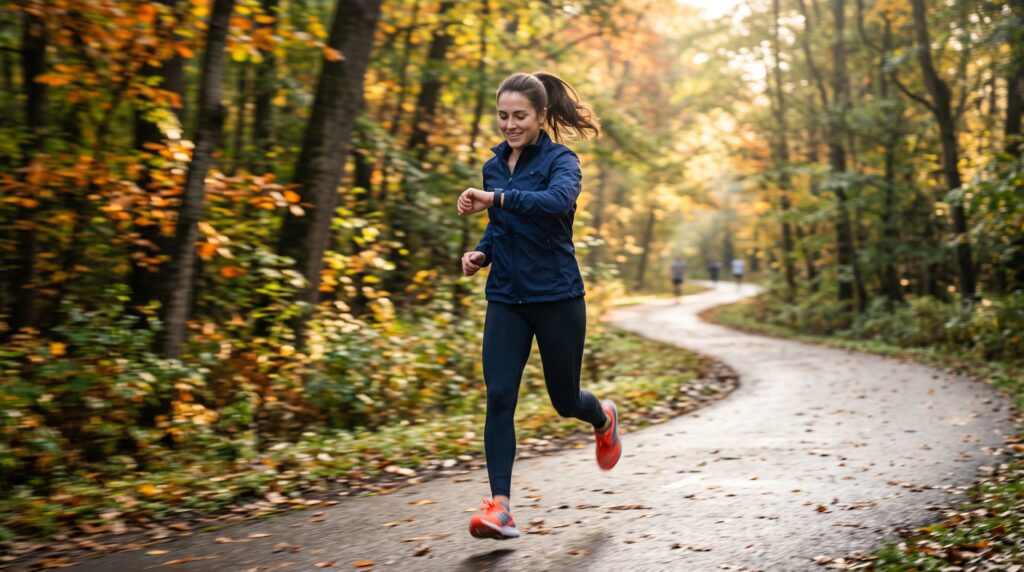 Person using a smartwatch for real-time fitness tracking outdoors