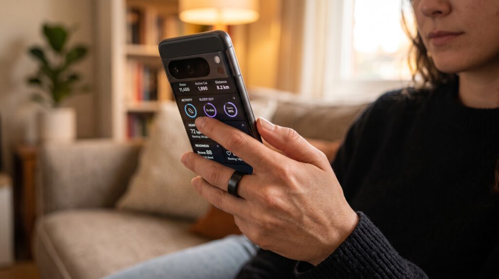 Reviewing AI health ring data on a smartphone app