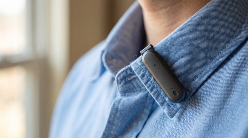 Clip-on AI recording wearable attached to a shirt collar