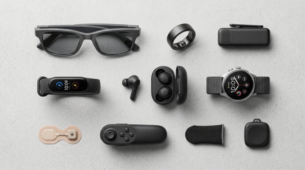 Collection of problem-solving wearable tech devices laid out together