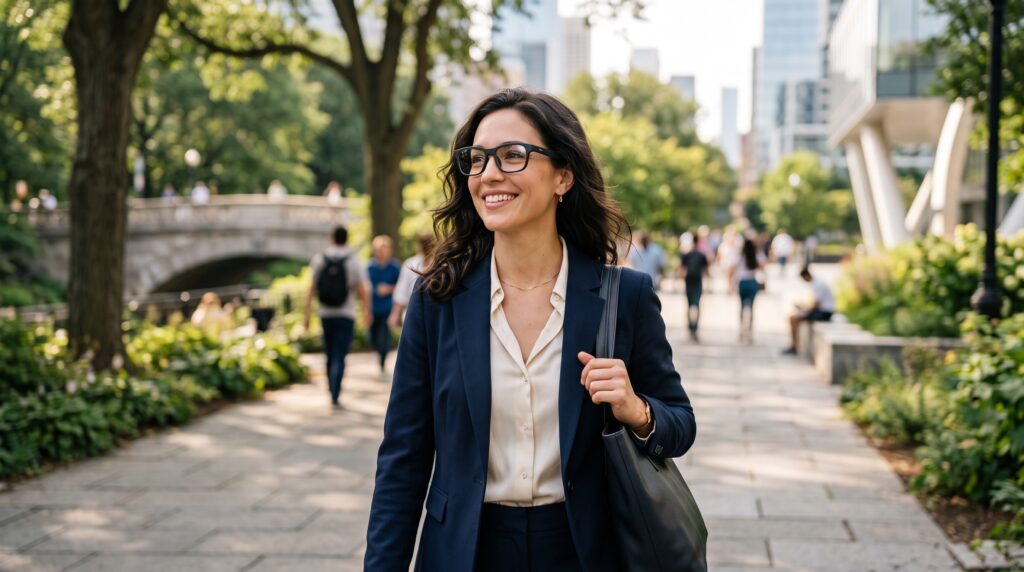 girl wearing lightweight AI smart glasses outdoors