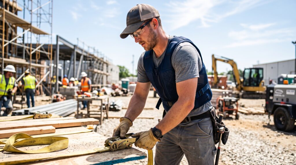 Worker wearing a cooling vest wearable in hot outdoor conditions