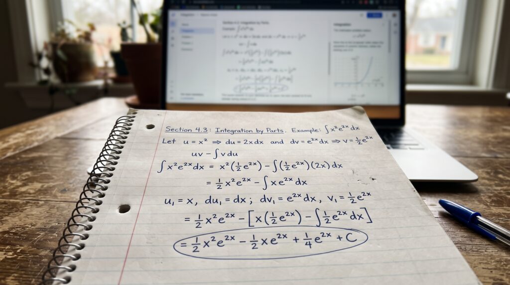 Handwritten math steps next to a laptop showing a step-by-step math solution