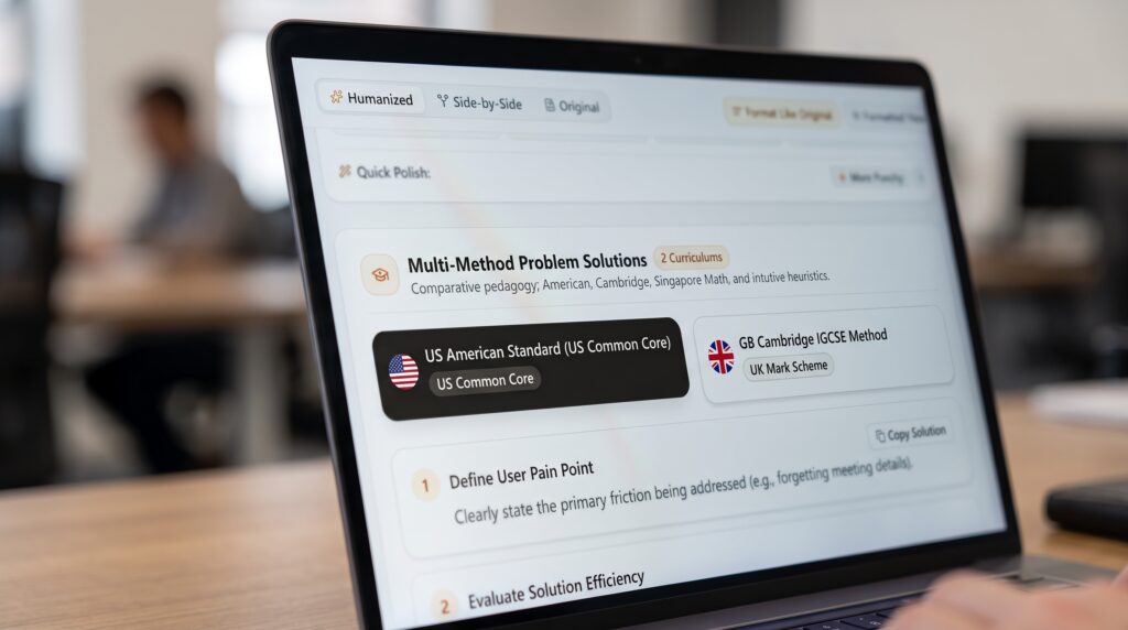 Math tutor tool showing multiple international curriculum methods to choose from