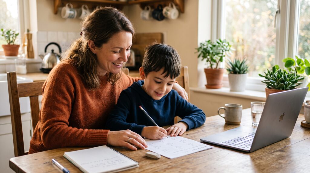 Parent helping child review math homework using a step-by-step tutor tool