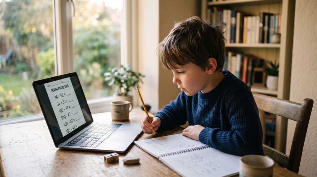 Student using a free step-by-step math tutor on a laptop at home