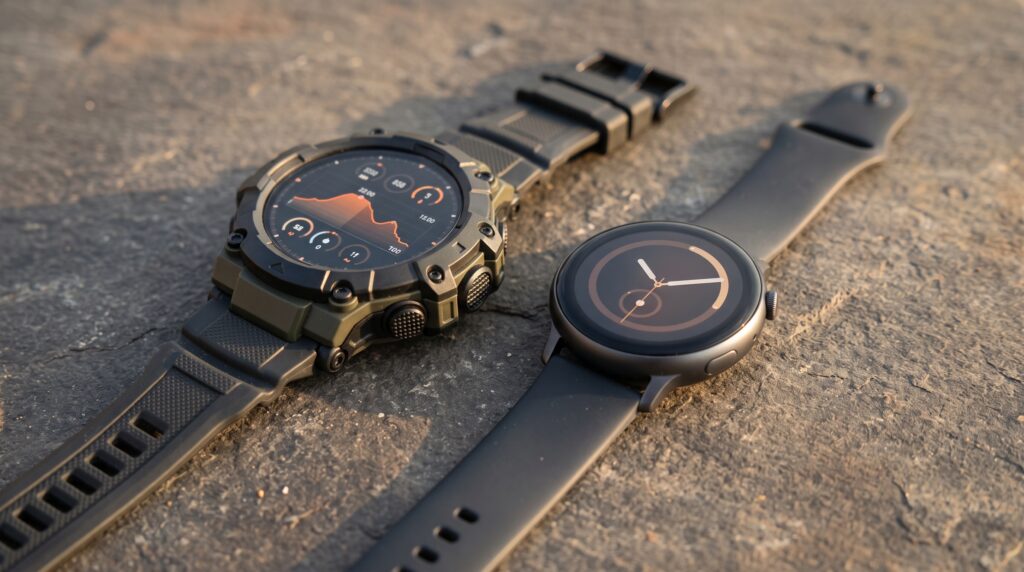 A slim smartwatch and a rugged sports watch side by side