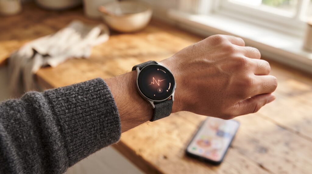 Active round smartwatch with a colourful watch face on a wrist in a sunlit kitchen