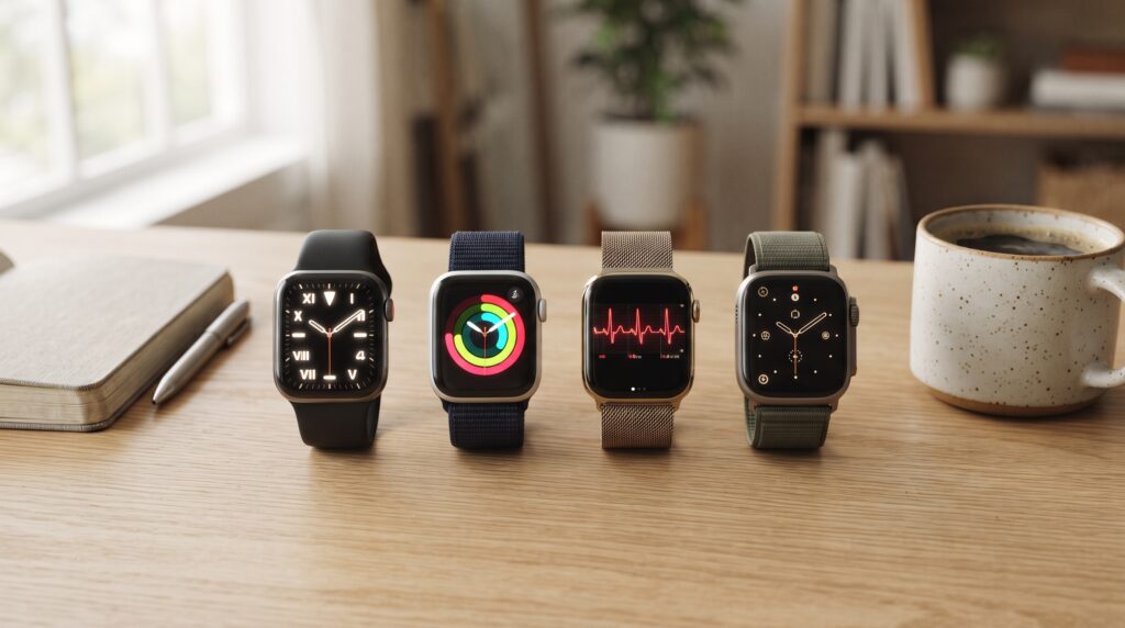 Four lit smartwatches showing different watch faces on a wooden desk