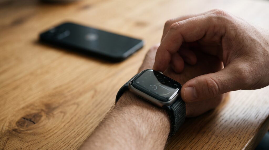 Hand adjusting a smartwatch’s display settings to save battery