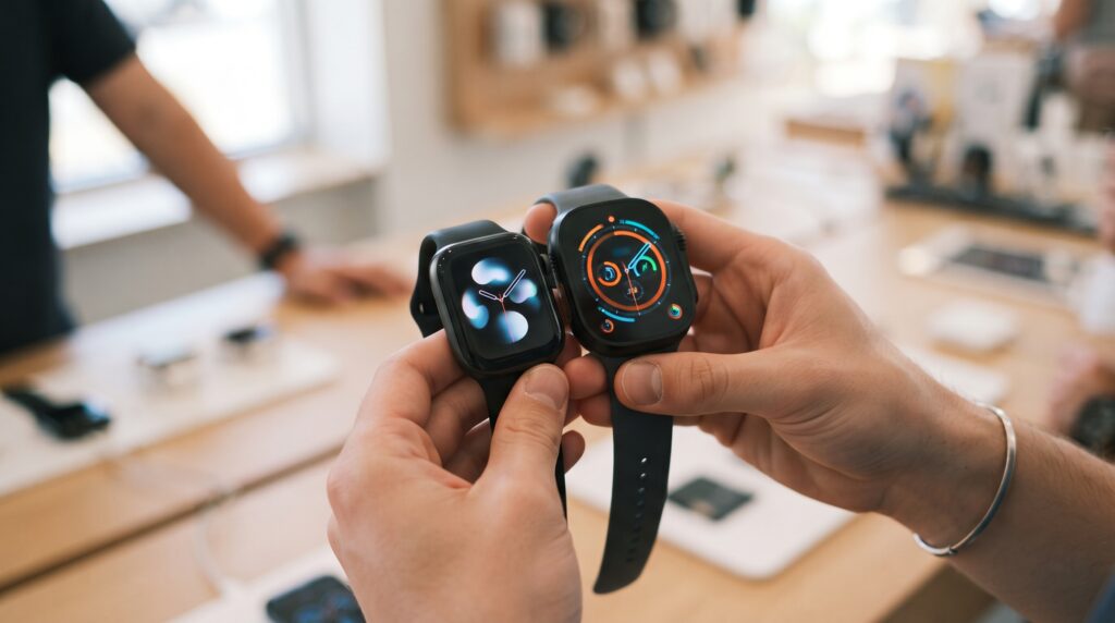 Hands comparing two active smartwatches side by side at a shop counter