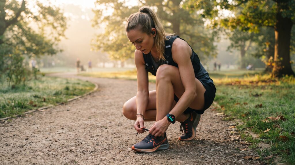Runner tying shoes while wearing a sports watch with an active workout display