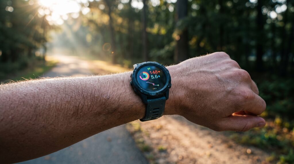 Runner’s wrist with a smartwatch using GPS during a morning run