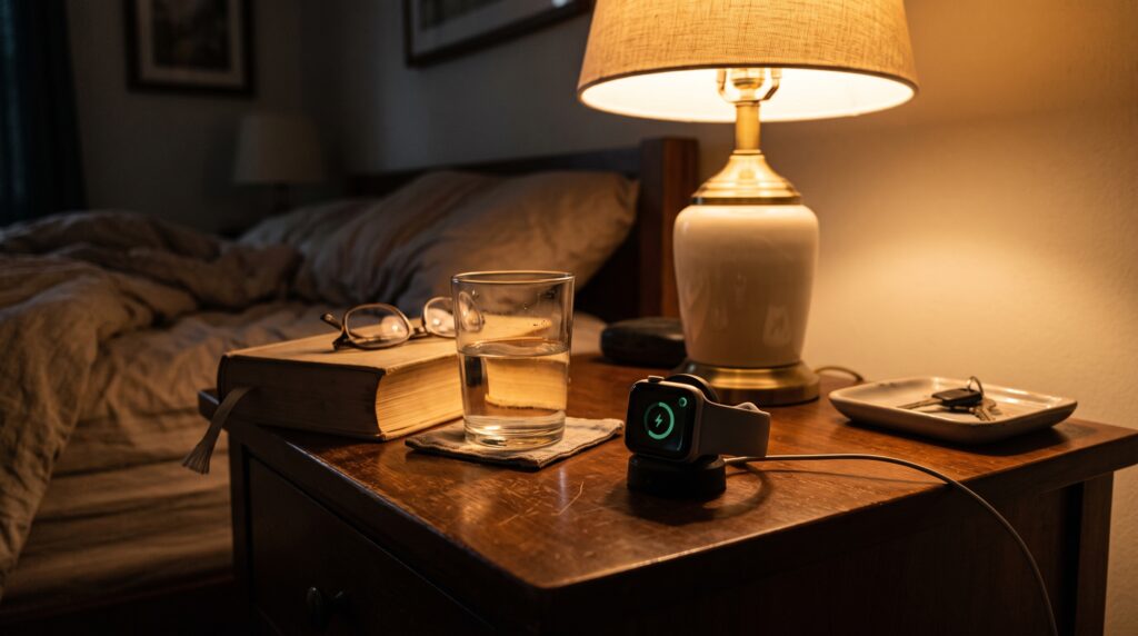 Smartwatch charging overnight on a bedside table