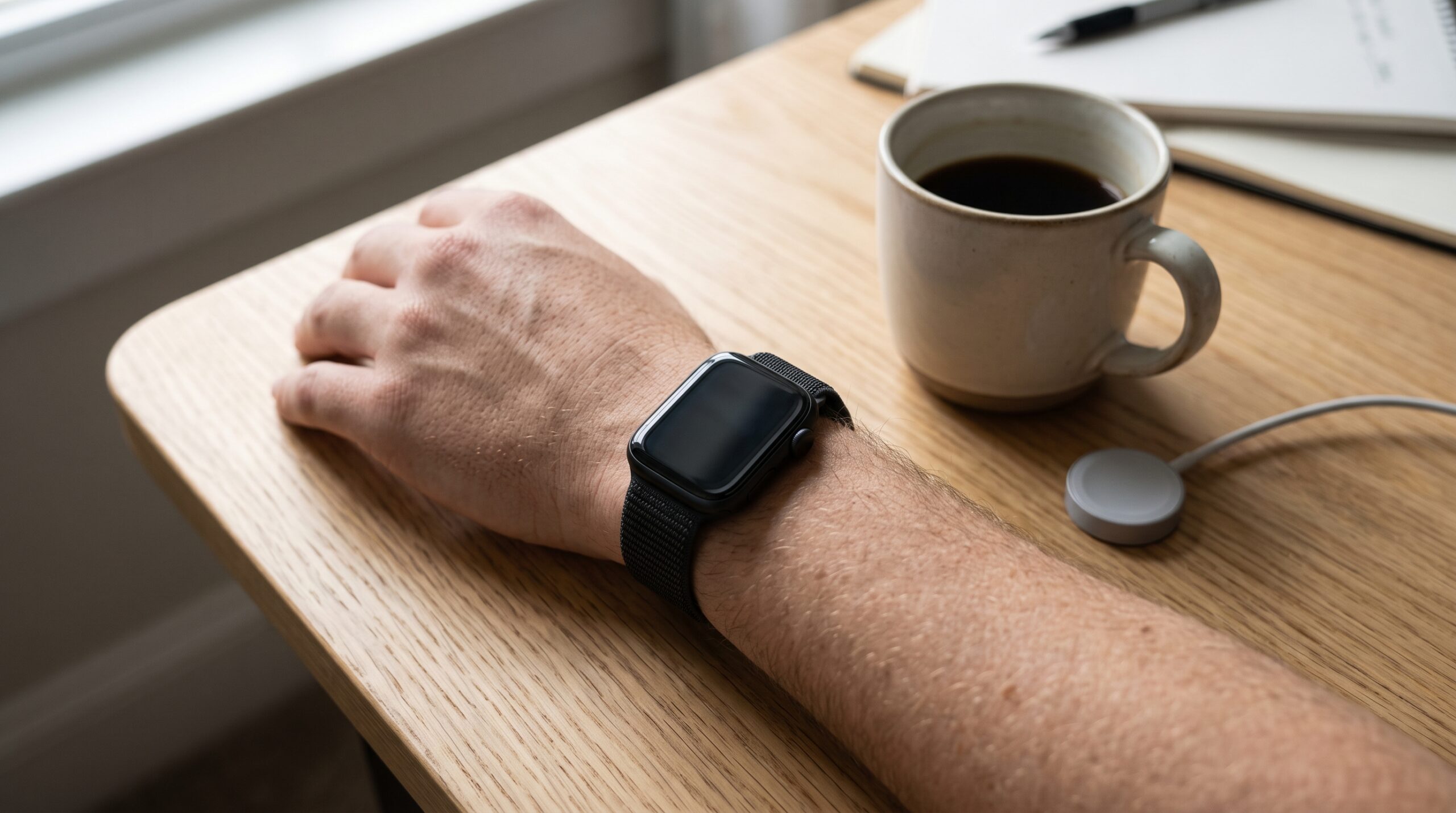 Smartwatch on a wrist beside a wireless charger on a wooden desk