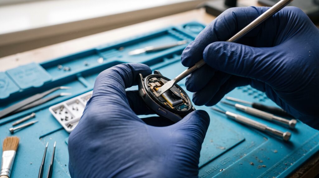 Technician opening a smartwatch to service its battery