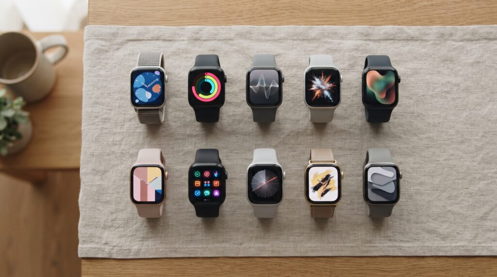 Ten active smartwatches with different watch faces arranged on a linen surface