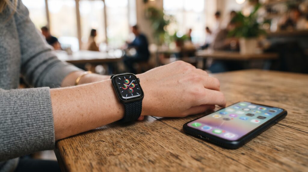 Wrist wearing an active square smartwatch beside a phone on a café table